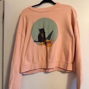 Cropped Peach Sweatshirt with Cat Graphic